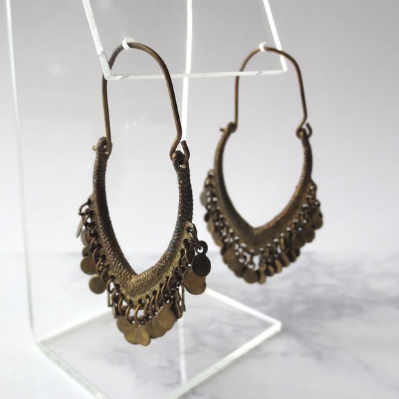 Brass Bohemian Drop Sparkly Oval Pointed Chandelier Hoop Sleeper Earrings - Picture 3 of 5